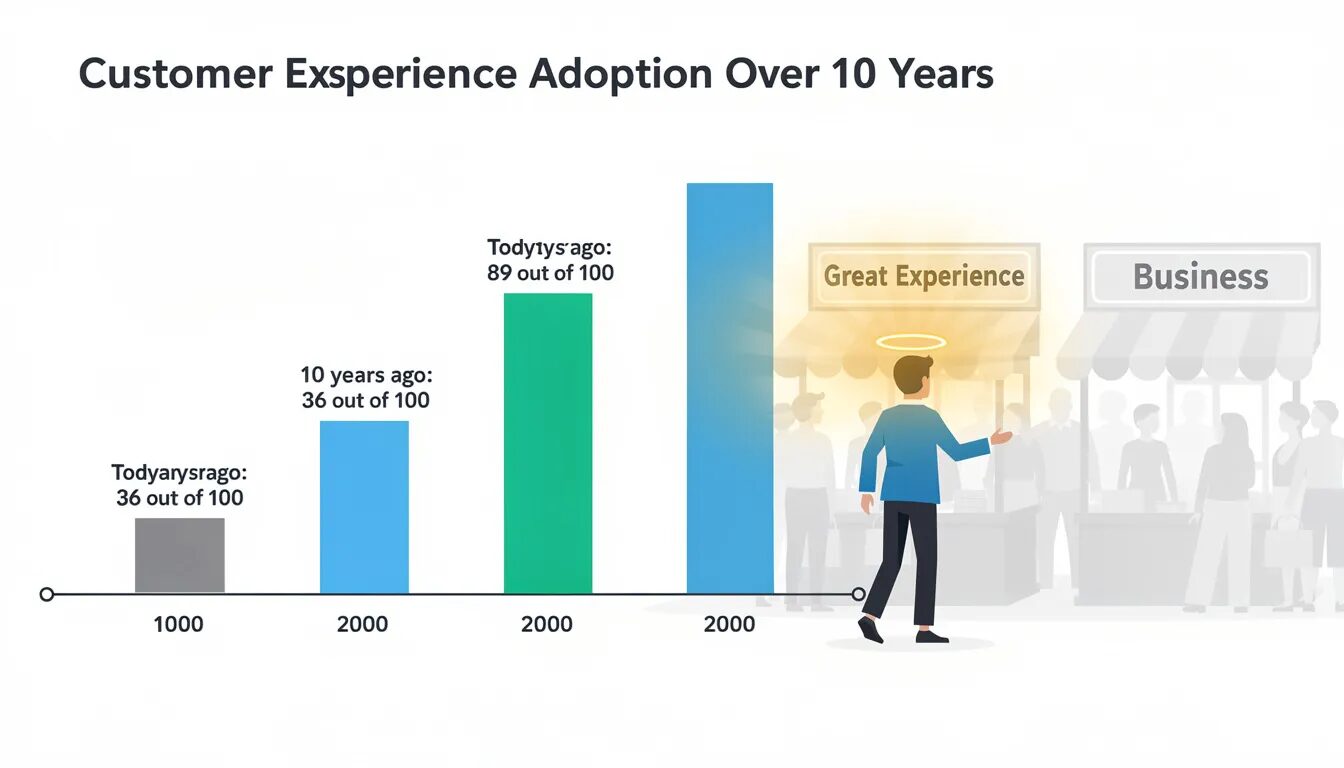 The image depicts a timeline chart illustrating the significant increase in the importance of customer experience over the past decade, with 89 out of 100 businesses now prioritizing it. In the foreground, a loyal customer is seen choosing a business with a glowing "Great Experience" halo, highlighting the competitive advantage of exceptional customer service in a crowded market.