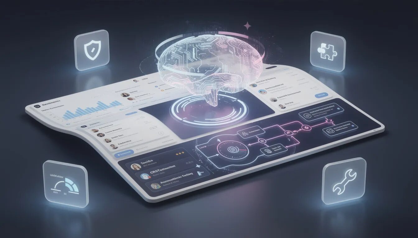 The image depicts a sleek, futuristic dashboard showcasing the future of SaaS platforms in 2026, featuring a glowing AI core at its center, an integrated workspace for seamless project management, and autonomous workflows for smart automation. Surrounding the dashboard are glowing icons representing key trends such as security, specialization, and usage-based pricing, illustrating a vision of a connected and efficient SaaS ecosystem.