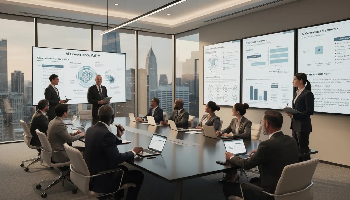 The image depicts a professional business meeting room where executives are engaged in a discussion about AI governance. Wall-mounted displays showcase compliance frameworks and responsible AI principles, highlighting the importance of ethical considerations in artificial intelligence systems and decision-making processes.