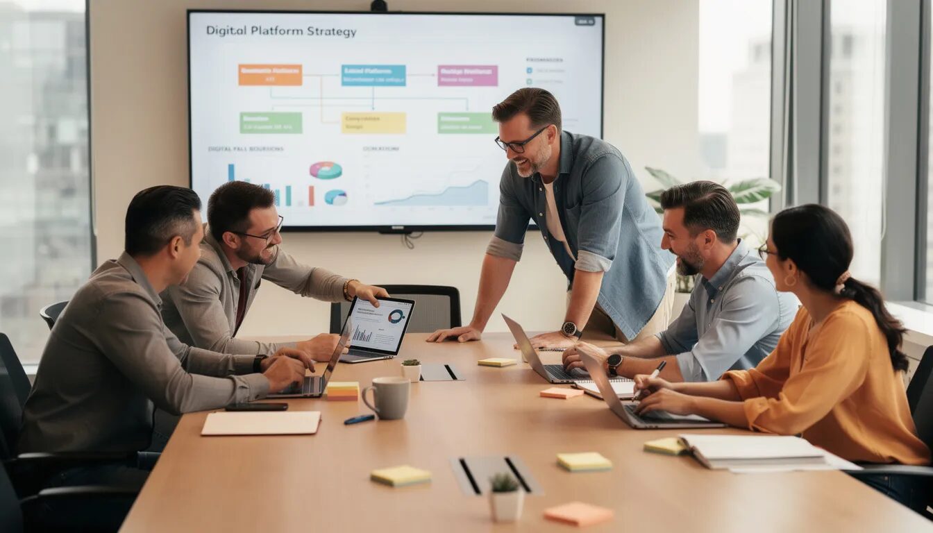 A small business team is gathered around a conference table, actively discussing their digital platform strategy to adopt platform-based business models. They are collaborating on how to engage customers and leverage emerging technologies to drive growth and value creation in a competitive market.