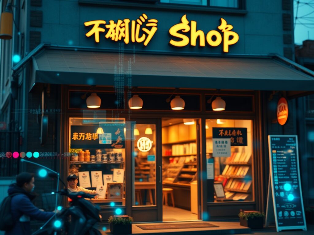 A family-owned shop with a see-through digital layer over it, showing live data streams, automatic order processing, and AI customer service.