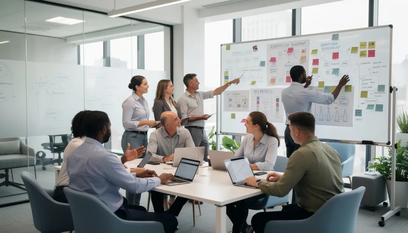 A diverse team is gathered in a flexible workspace, engaging in a meeting focused on strategic planning and adaptation scenarios, with whiteboards displaying charts and notes about business growth strategies for small to mid-sized companies. The atmosphere encourages open communication as they discuss ways to engage existing customers and explore new growth opportunities.