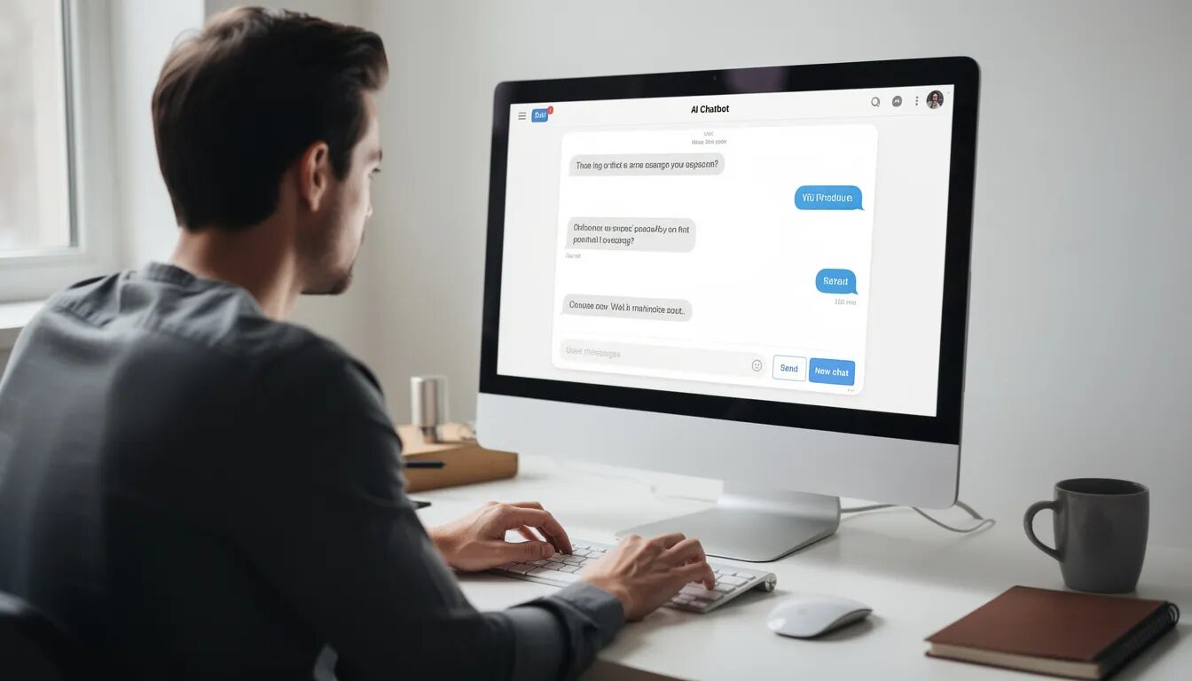 The image depicts a person engaging with an AI chatbot interface on their computer screen, highlighting the role of digital communication in fostering human connections. This interaction illustrates how technology, through digital tools and messaging apps, shapes our relationships and creates communities in the digital age.