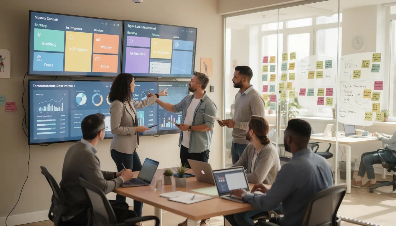 An agile team collaborates in a modern workspace, utilizing digital kanban boards and real-time dashboards to enhance their performance and facilitate communication. This environment fosters cross-functional collaboration and continuous improvement, allowing team members to effectively manage their tasks while promoting a healthy work-life balance.