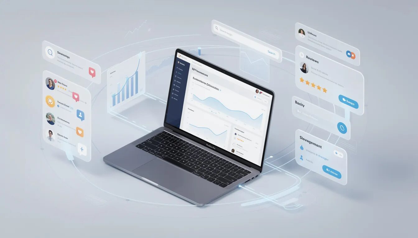 The image depicts a digital presence optimization strategy showcasing a website, social media platforms, and review management tools, emphasizing the importance of building a strong brand identity in a crowded market. This visual representation highlights how successful brands maintain customer loyalty and engage with their target audience through consistent branding efforts and effective marketing strategies.