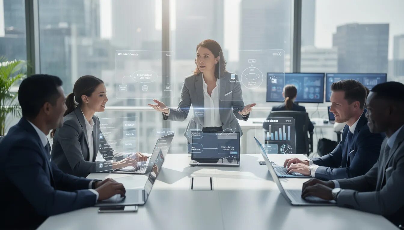 A diverse team of business professionals is collaborating around a table, utilizing various digital automation tools to enhance their workflow. They are focused on automating repetitive tasks and improving operational efficiency in their business processes, showcasing the benefits of automation technology in streamlining operations and boosting productivity.