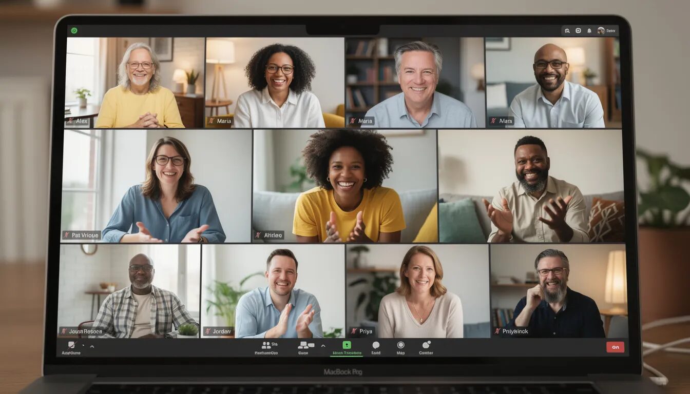 The image shows a grid of community members participating in a video call, all smiling and engaged during a virtual community meeting, highlighting the importance of active participation and community building in a thriving online community. This scene reflects a welcoming environment where members feel valued and encouraged to share knowledge and foster engagement.