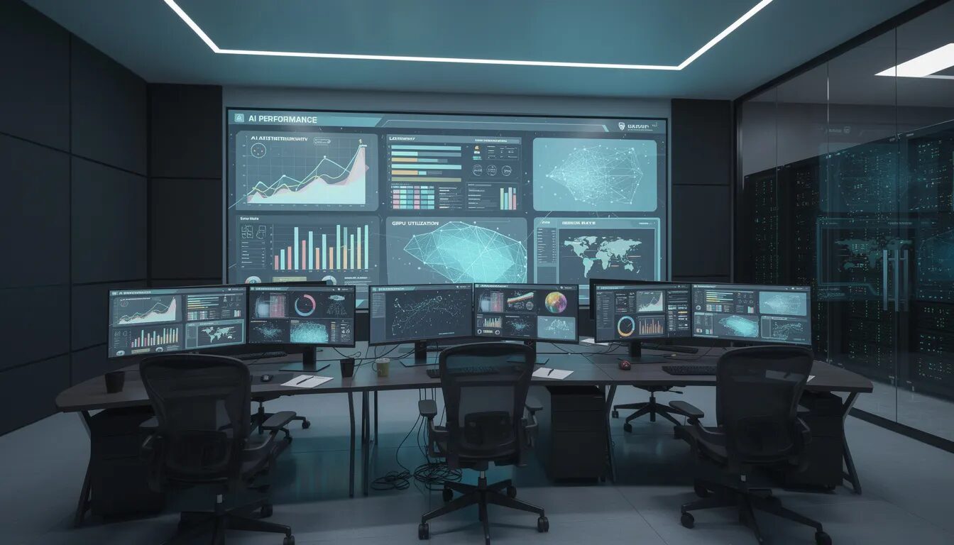 The image depicts a modern data center monitoring room filled with multiple screens that showcase AI performance dashboards and metrics visualizations, highlighting the importance of responsible AI practices and ethical considerations in managing AI systems. The setup emphasizes the need for human oversight and effective governance frameworks to ensure ethical AI development and implementation.