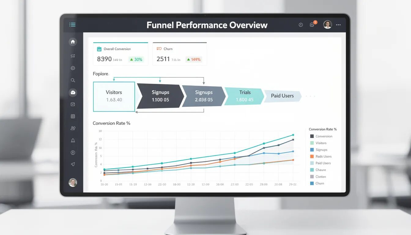The image displays an analytics dashboard showcasing key metrics related to funnel performance, including conversion rate trends over time. It highlights various stages of the sales funnel, offering insights into potential customers and their journey, which can significantly impact marketing efforts and conversion rates.