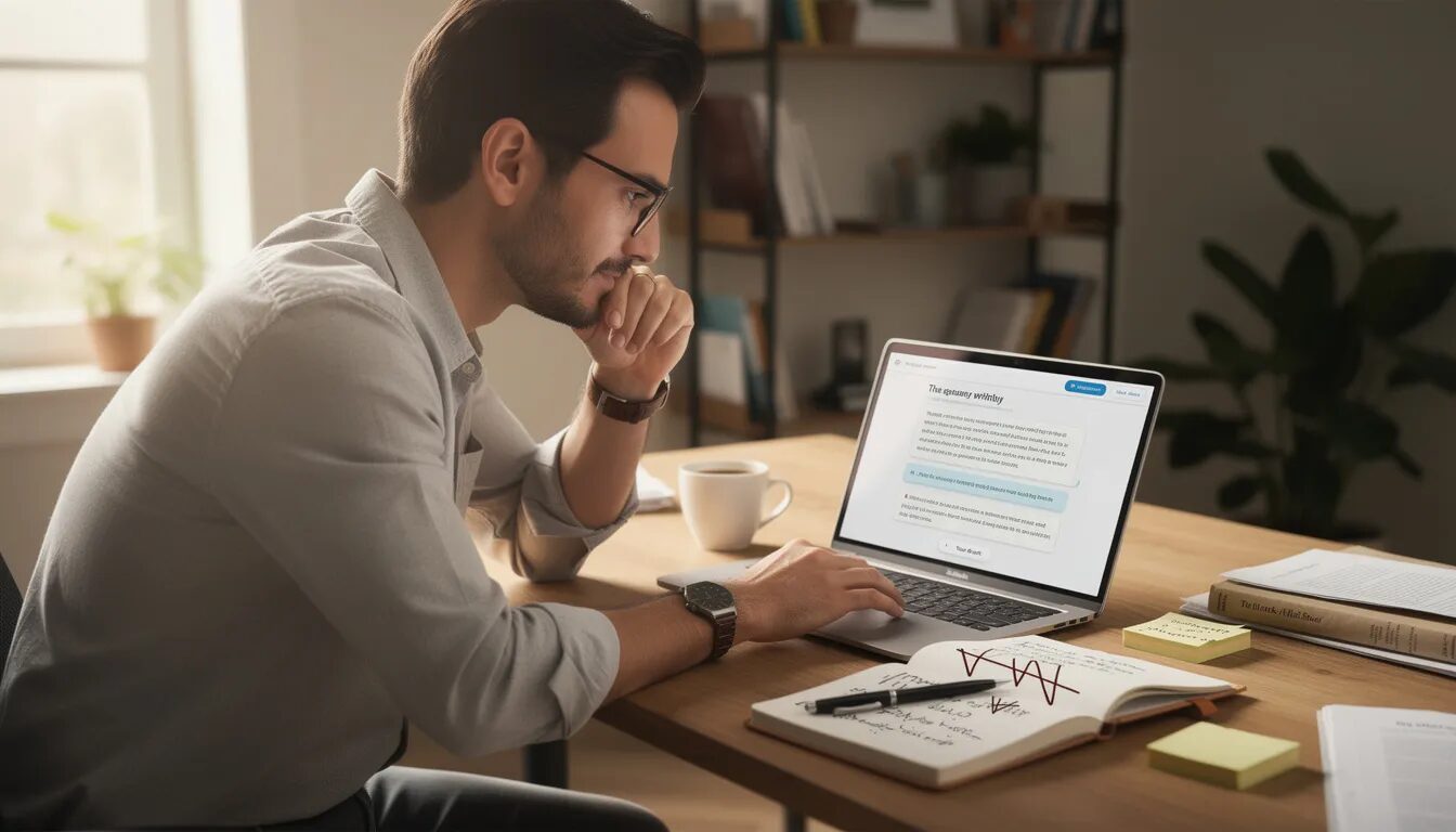 The image depicts a professional engaged in the creative process, utilizing AI writing tools while ensuring human creativity and control remain at the forefront. This scene illustrates the intersection of human-centered design and artificial intelligence, highlighting the importance of maintaining a human touch in decision-making and creative expression.