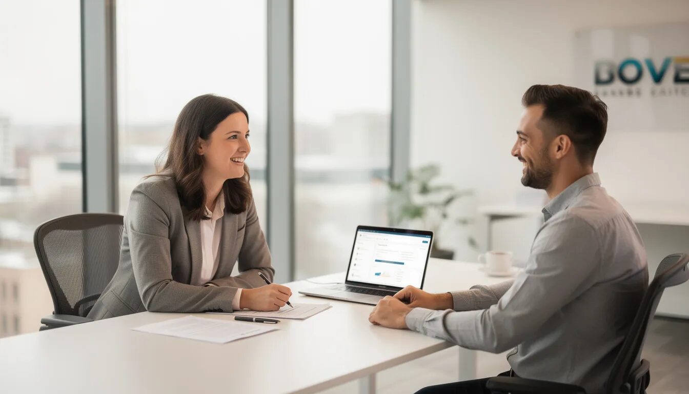 A customer service representative is assisting a satisfied client in a modern office environment, showcasing effective customer relationship management that fosters customer loyalty and engagement. This interaction highlights the importance of strategic planning and innovative ideas in driving business growth for small to mid-sized companies.