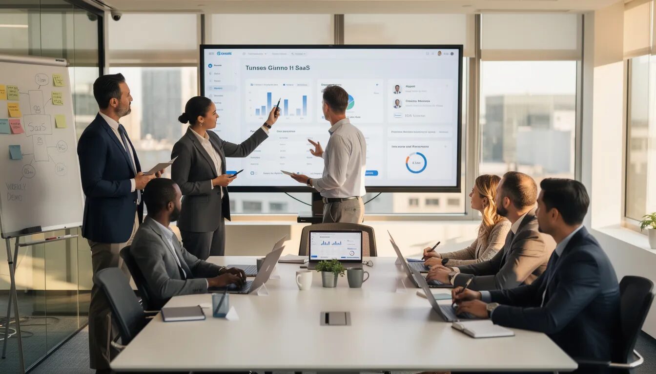 The image depicts a development team presenting innovative platform features to clients during a weekly demo session, highlighting the benefits of digital tools and new technology for enhancing operational efficiency and delivering actionable insights. The team engages with clients to discuss how these features can help businesses thrive in a competitive landscape.