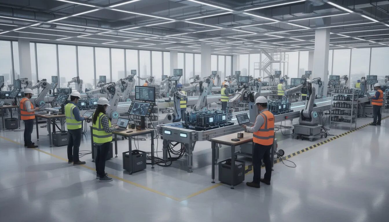 The image depicts advanced robotic systems collaborating with human operators in a modern facility, showcasing the integration of automation technology in business processes. This synergy highlights the potential of robotic process automation (RPA) to enhance operational efficiency by automating repetitive tasks and reducing human error.