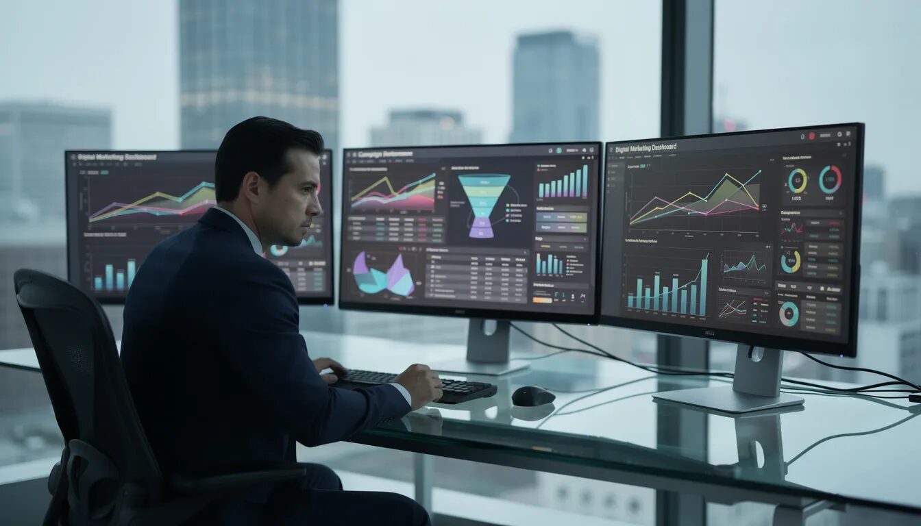 The image depicts a businessman focused on analyzing digital marketing data, with multiple screens displaying various charts and graphs related to search engine optimization and paid ads. He is likely assessing the effectiveness of his SEO strategy and PPC campaigns to enhance organic traffic and improve search rankings for his business goals.