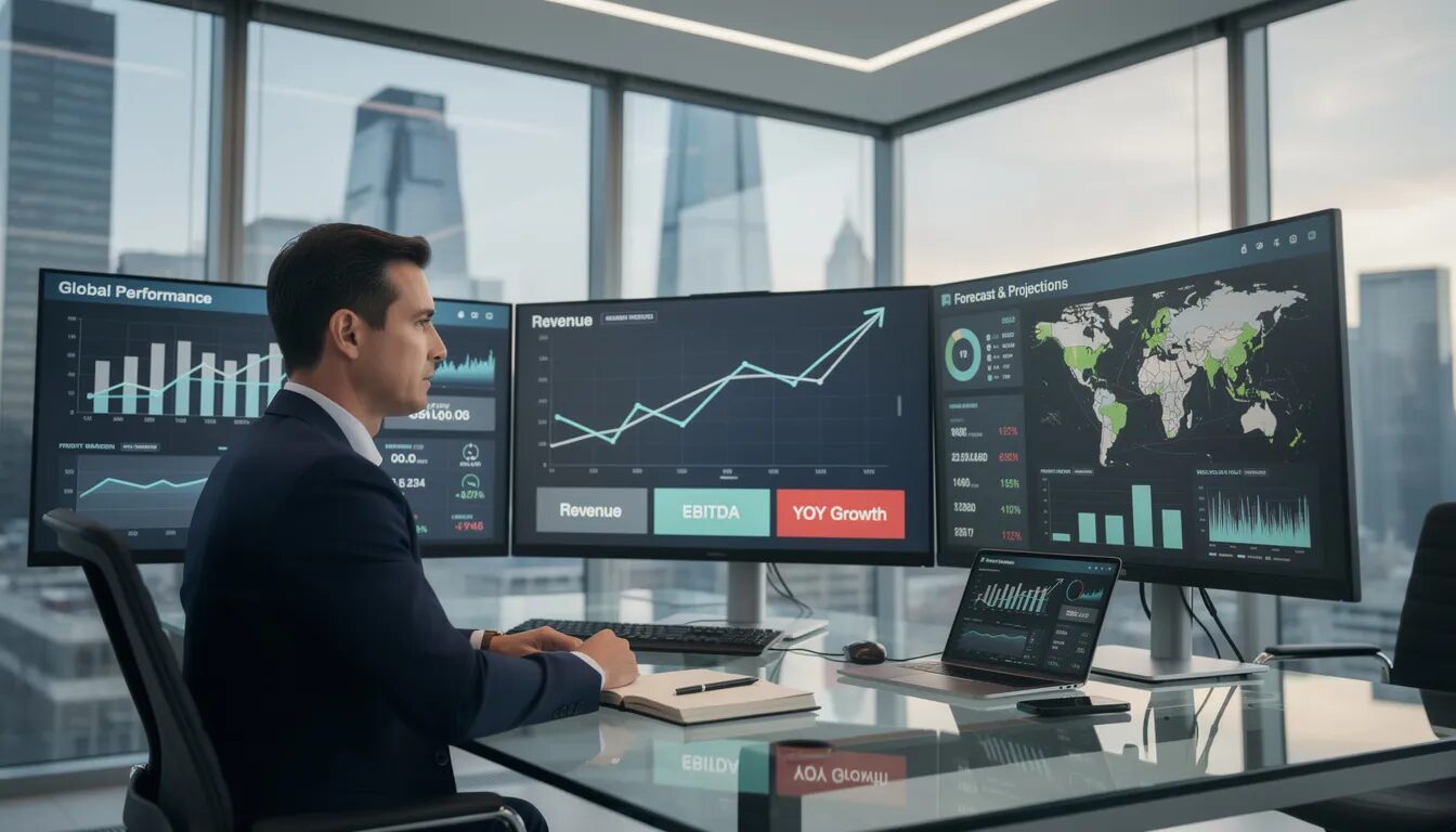 A business executive is intently reviewing financial dashboards and metrics displayed on multiple screens, analyzing data to ensure financial resilience and strategic planning in today's dynamic business environment. This scene reflects the importance of utilizing technology and comprehensive quality reporting to future proof the business against market demands and economic uncertainty.