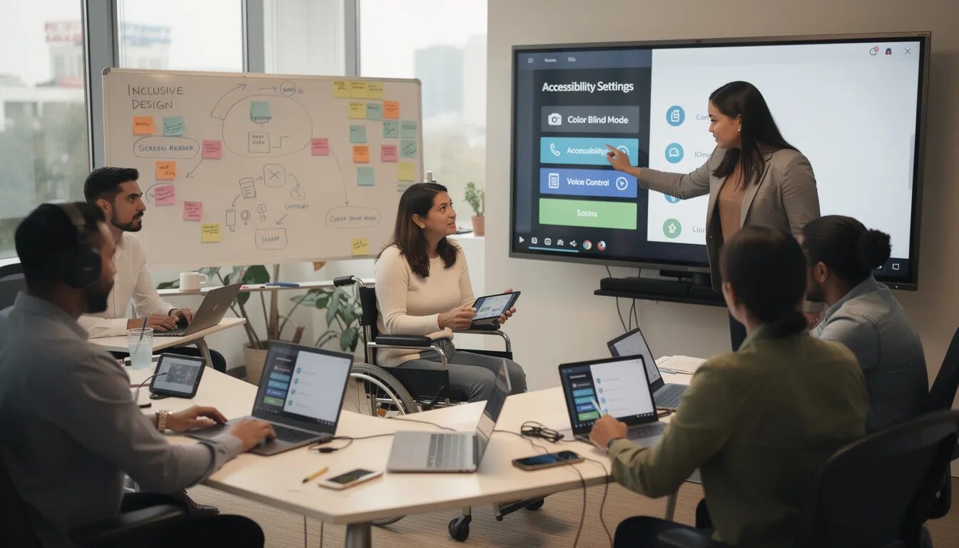 The image depicts a diverse team of developers and designers engaged in a collaborative session, focusing on creating AI accessibility features. They are utilizing a human-centered design approach to ensure that AI systems meet user needs and expectations, integrating ethical considerations and user feedback into their design process.