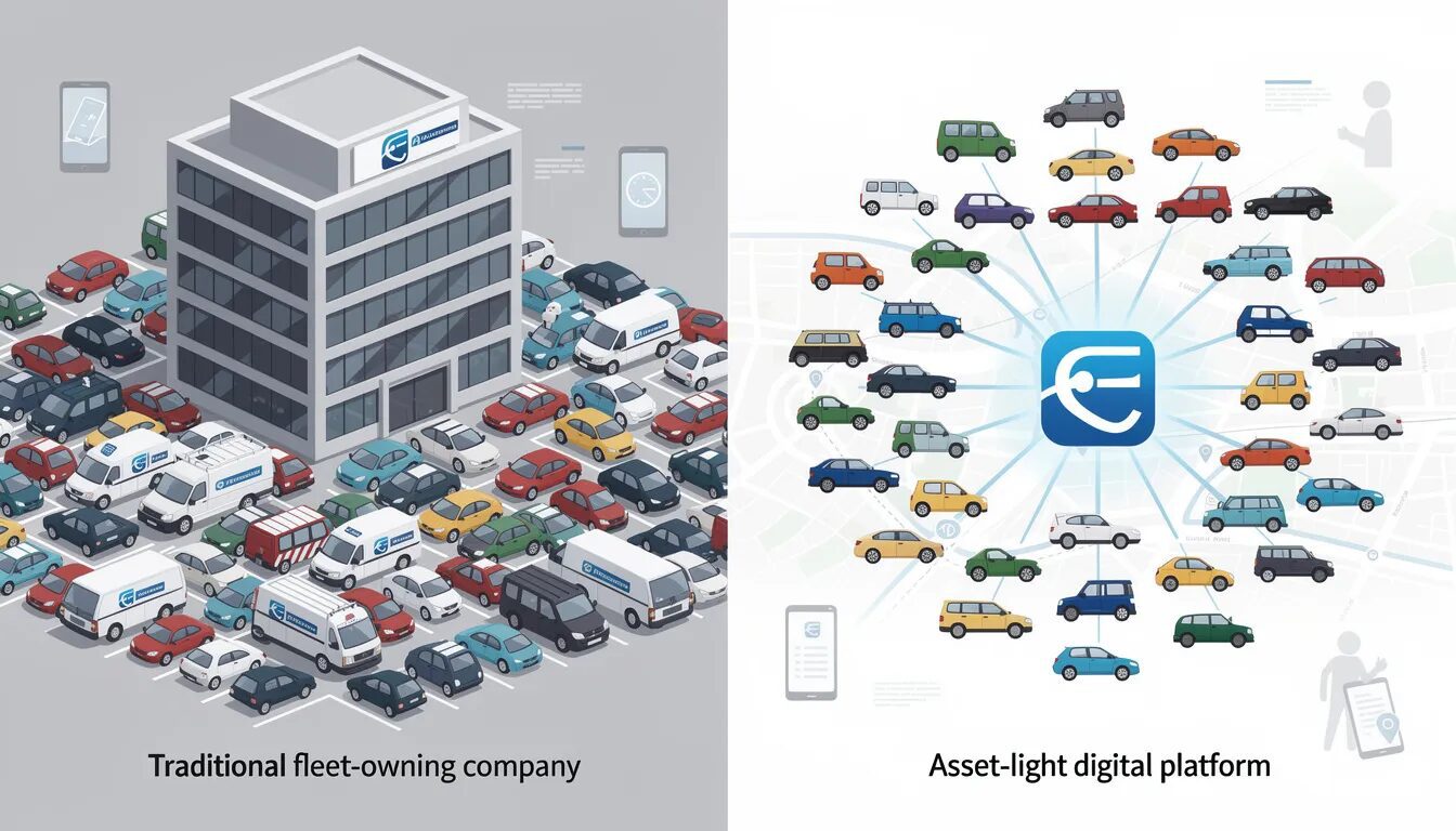 The image contrasts a traditional company with a large fleet of vehicles against a modern digital platform, symbolized by a sleek logo like Uber's, which connects numerous independently-owned vehicles to users. This visual representation highlights the efficiency and scalability of platform ecosystems in the digital world, showcasing how they create value through strategic partnerships and innovative business models.