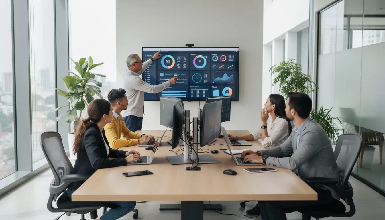 A modern team is collaborating in an open office space, surrounded by multiple screens and digital devices, showcasing cross-functional collaboration and efficient communication. The environment promotes continuous learning and trust, enabling team members to share knowledge and work towards business objectives effectively.