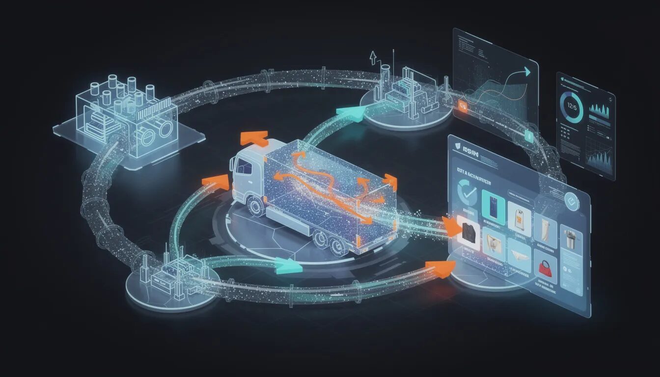 The image depicts a futuristic, three-dimensional network symbolizing data-driven operational decision-making, featuring glowing connections between icons of a factory, truck, and digital storefront. Streams of light represent real-time data flowing into actionable insights, showcasing how leveraging data analytics enhances operational efficiency and informs business decisions across various sectors.