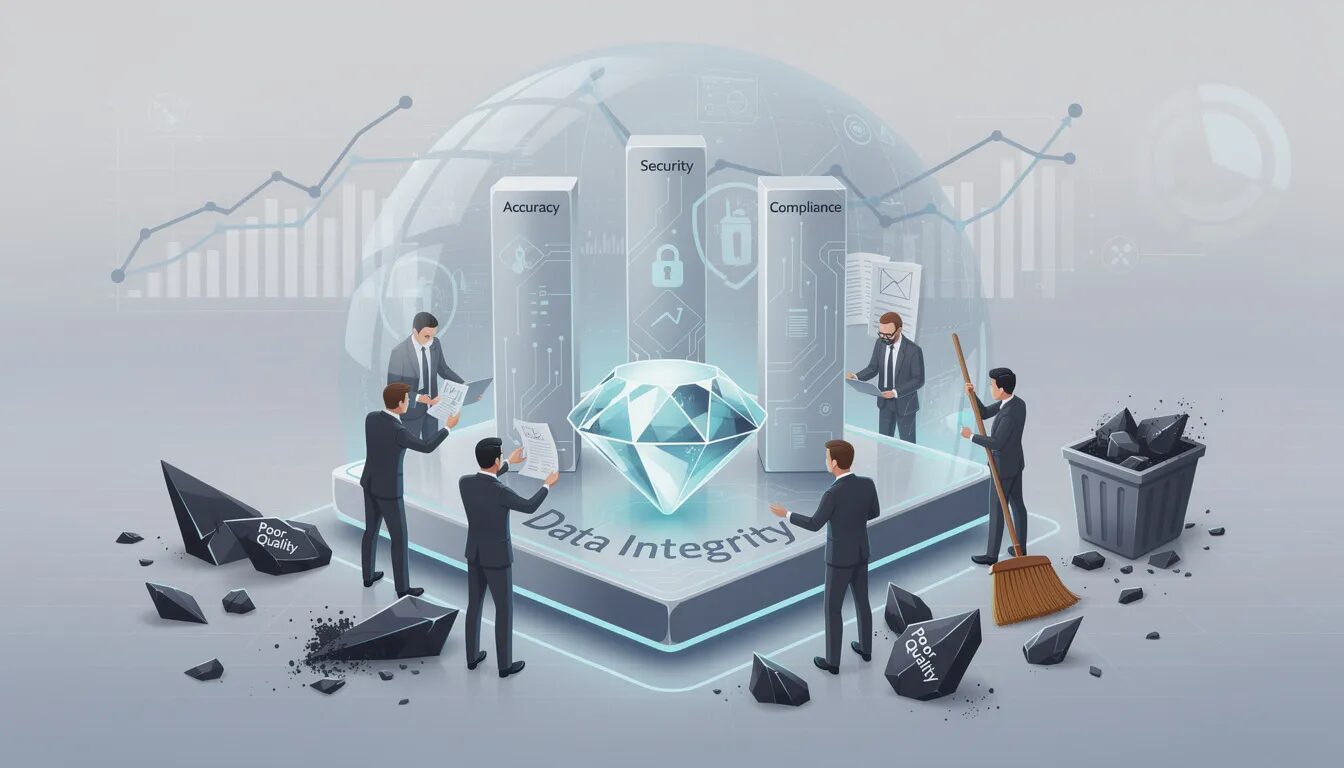 The image depicts a team diligently reinforcing a foundation labeled "Data Integrity," supported by pillars of "Accuracy," "Security," and "Compliance." They are polishing a large, crystal-clear data gem while removing dark fragments labeled "Poor Quality," symbolizing the importance of data quality and governance in data-driven decision making for modern companies.