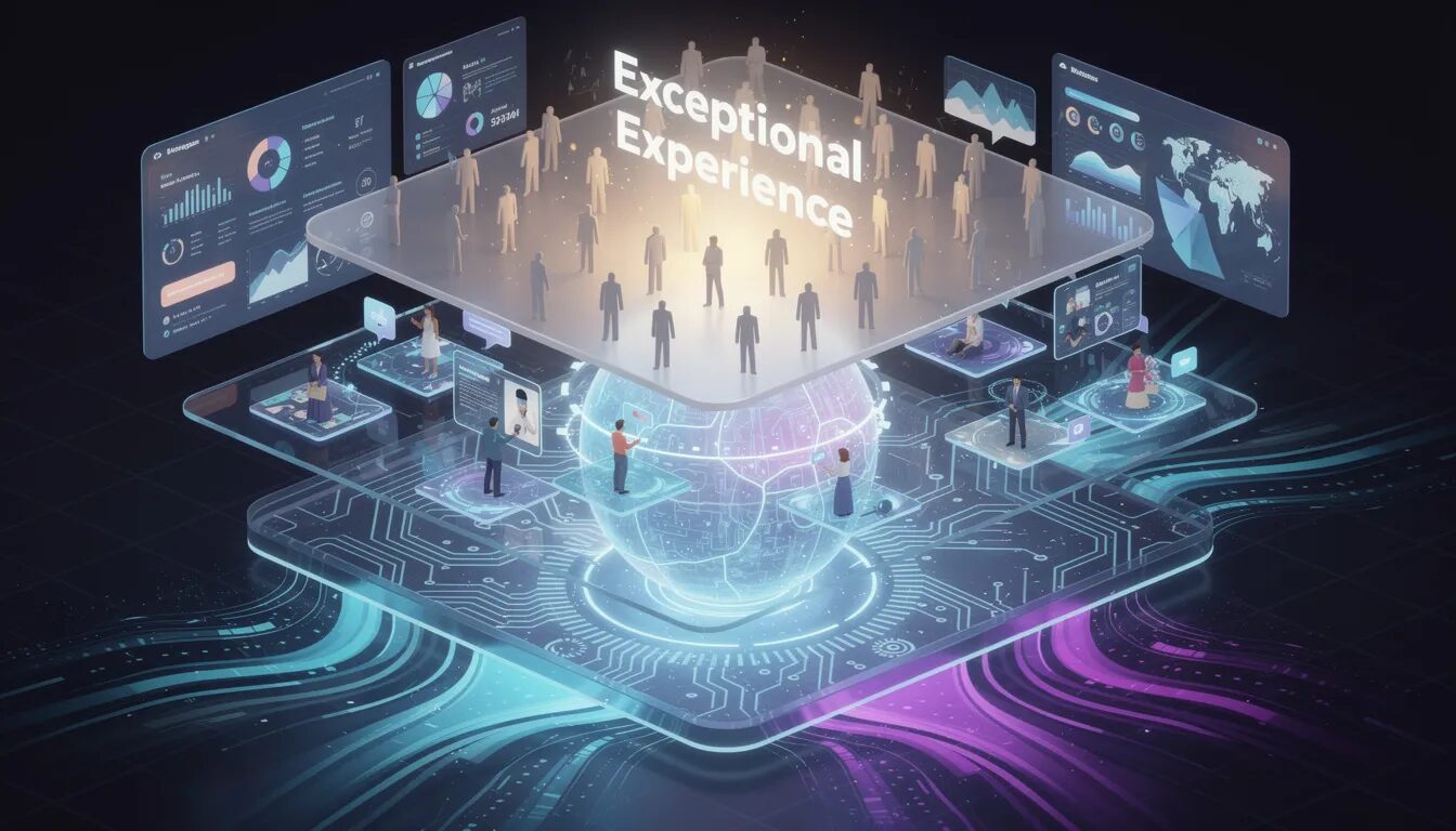 The image depicts a modern business platform characterized by a high-tech, multilayered foundation where data streams converge into a central AI core. This core facilitates personalized customer interactions and insightful analytics, ultimately supporting an "Exceptional Experience" for customers, highlighting the importance of customer satisfaction and loyalty in today's competitive landscape.