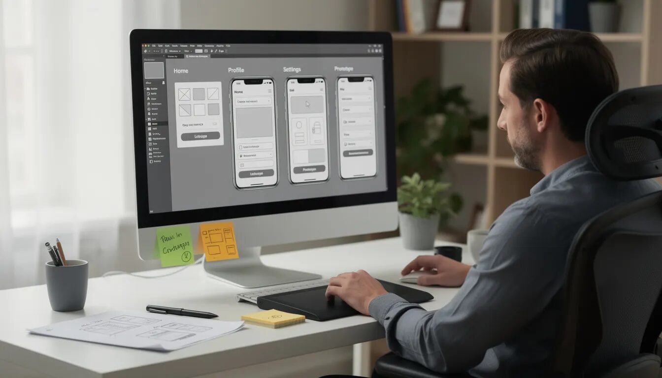 A UX designer is focused on creating wireframes and prototypes on a computer screen using various digital tools, emphasizing user-centered design to enhance user engagement and satisfaction. The design process involves iterative testing and user feedback to ensure the final product meets user needs and expectations for a positive user experience.
