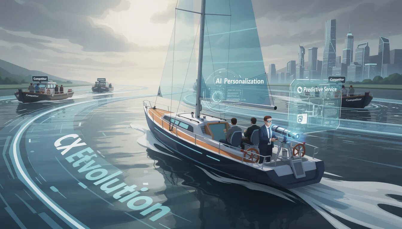 The image depicts a business navigating a swift river labeled "CX Evolution," using a futuristic scope to spot emerging trends like AI personalization and predictive service. In contrast, competitors struggling in the slower current highlight the importance of a customer-centric approach to enhance customer experience and gain a competitive advantage in today's market.