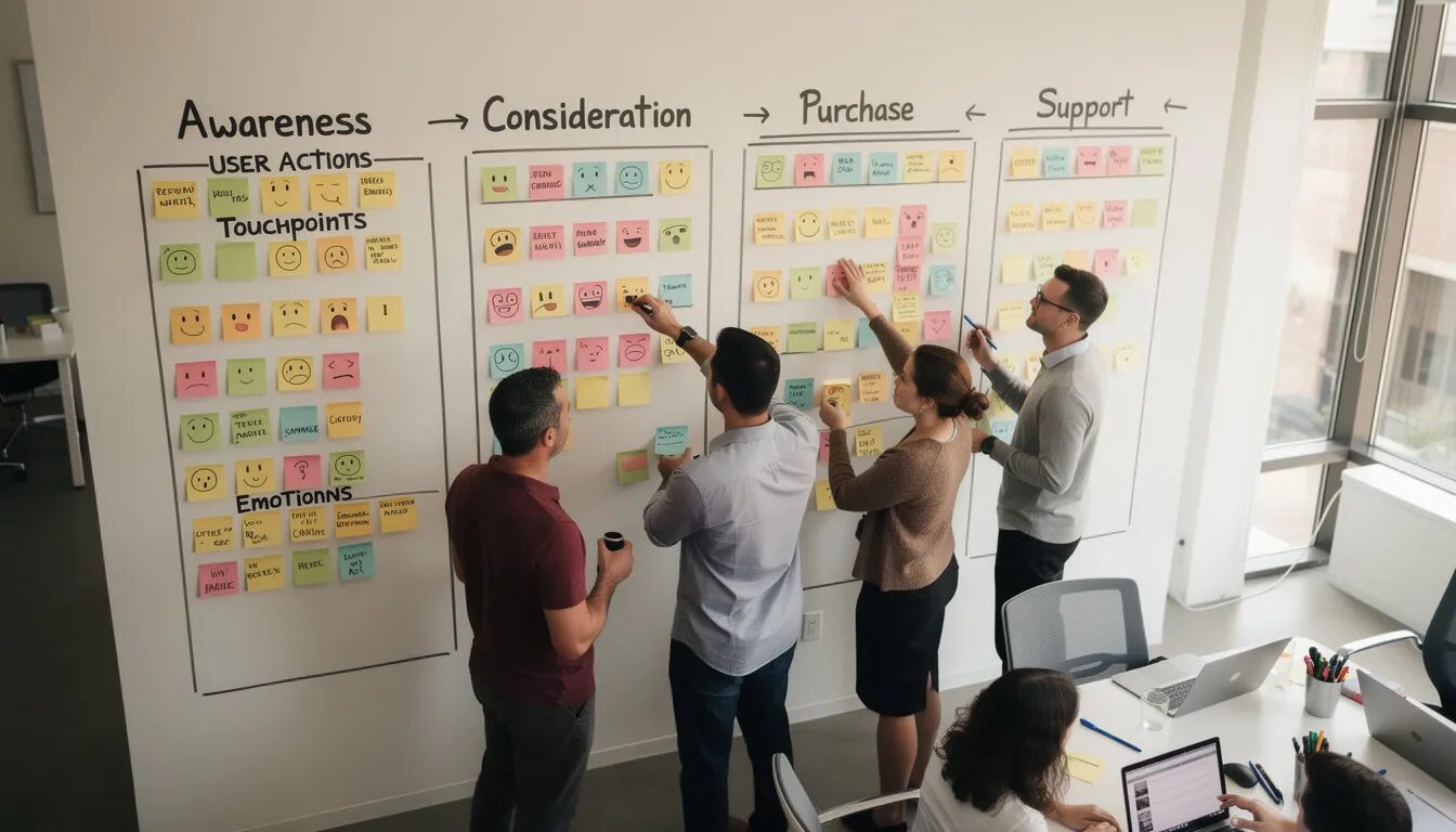 The image depicts a user journey mapping workshop where participants are engaged in discussions, surrounded by sticky notes that illustrate various user touchpoints and emotions. This collaborative setting emphasizes the importance of understanding user behavior and experience in developing a successful digital platform strategy.