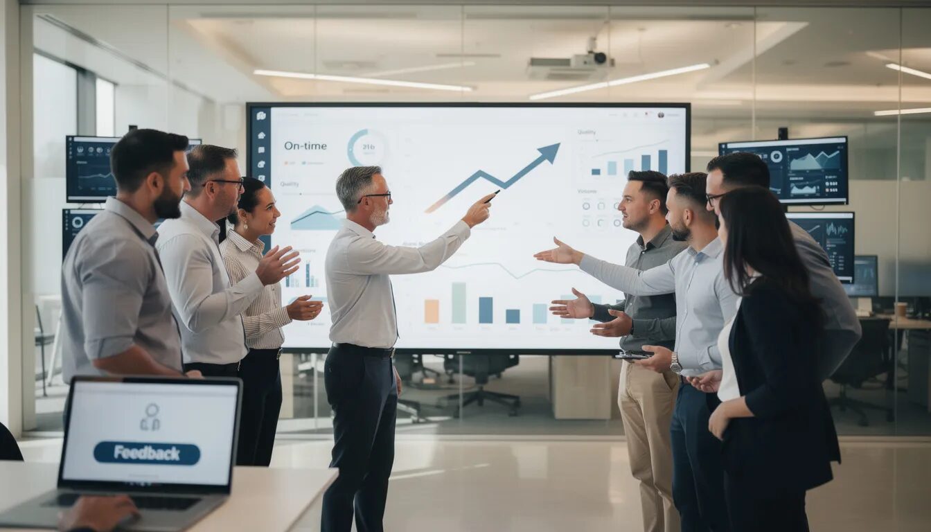 The image depicts a dynamic team huddle in a modern operations center, where frontline staff and managers engage around a large screen showcasing key performance indicators and metrics. The leader highlights a significant trend, fostering a collaborative atmosphere that emphasizes the importance of data analytics and informed decision-making for operational efficiency and improved customer satisfaction.