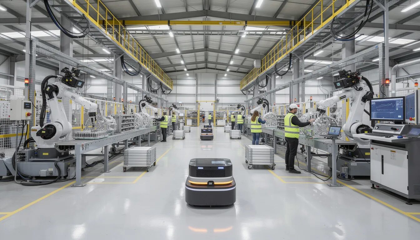 The image depicts a modern automated manufacturing facility featuring advanced robotic systems working seamlessly alongside human operators. This environment highlights the benefits of automation in improving operational efficiency by handling repetitive tasks and streamlining business processes.