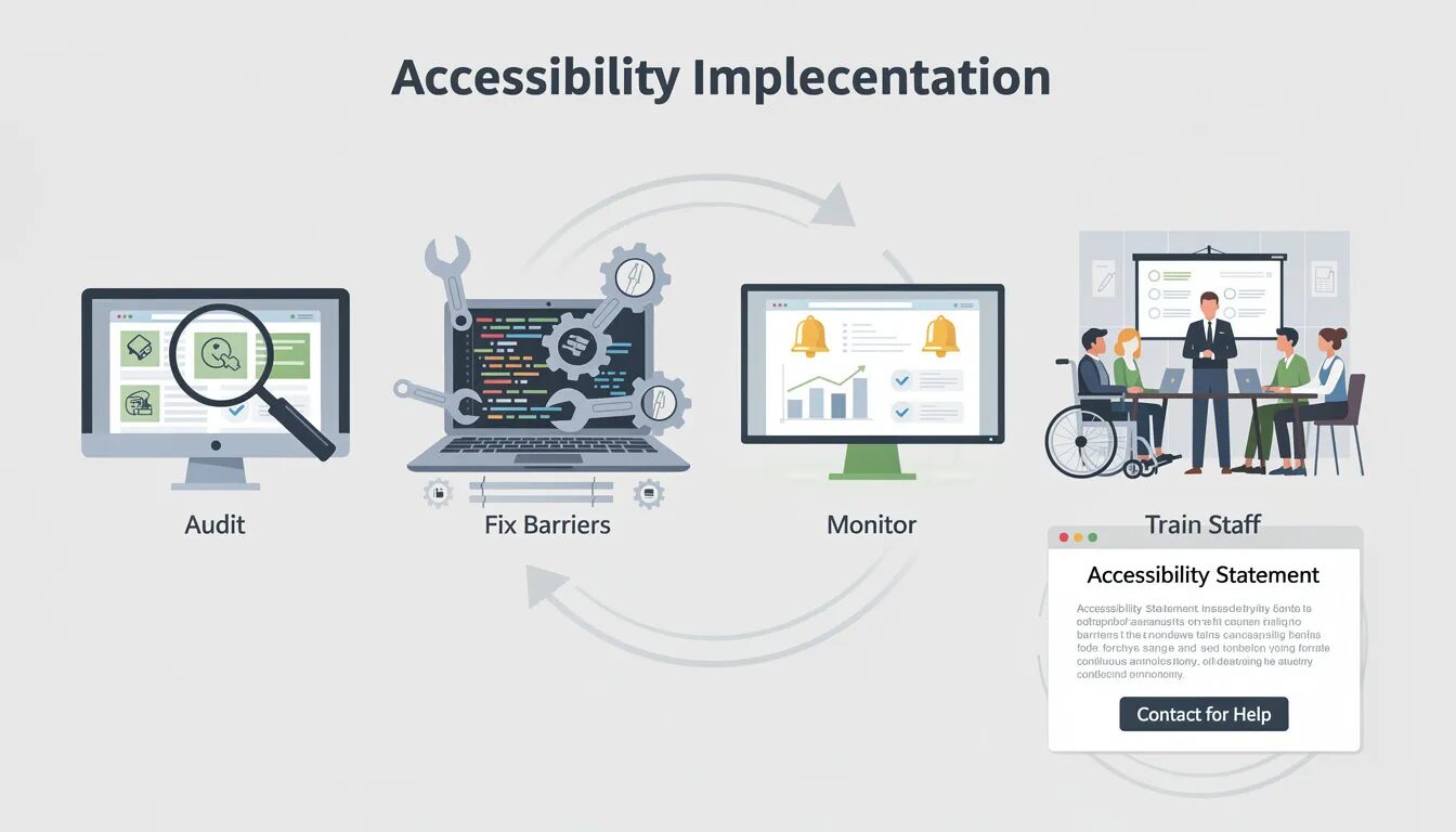 The image depicts an organization's roadmap titled "Accessibility Implementation," illustrating four key steps: auditing a website with a magnifying glass, utilizing tools to fix code barriers, monitoring ongoing alerts on a dashboard, and training staff. It concludes with the publication of an "Accessibility Statement" page featuring a prominent "Contact for Help" button, emphasizing the importance of ethical design principles in ensuring user trust and accessibility for diverse user groups.