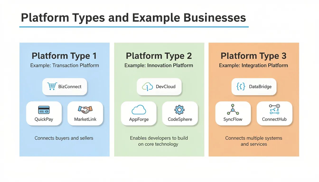 The image illustrates three distinct platform types, each accompanied by example businesses, showcasing how various platform business models operate. This visual representation highlights the key components of digital platforms, emphasizing their role in engaging customers and driving growth for small businesses through strategic partnerships and emerging technologies.