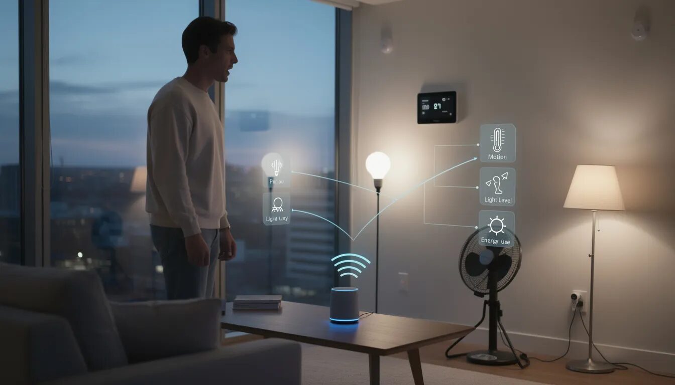 A person is engaged with a voice-activated smart home device, surrounded by various connected IoT sensors, illustrating the seamless user interactions that enhance user experience in digital spaces. This scene emphasizes the importance of user-centered design and user feedback in creating satisfying digital experiences.