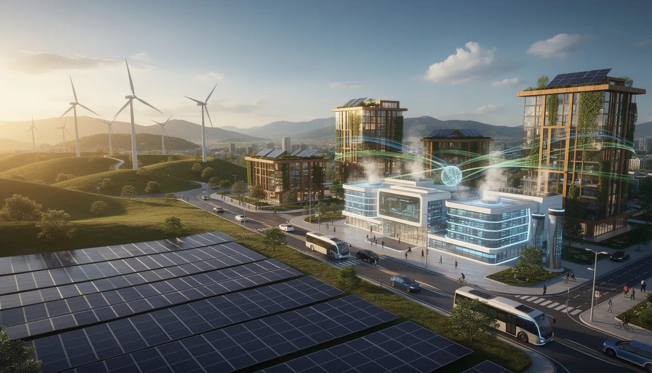 The image depicts various sustainable technology concepts, including solar panels, wind turbines, and efficient digital infrastructure, symbolizing the integration of renewable energy within the digital landscape. This representation emphasizes ethical design principles and responsible innovation, highlighting the importance of environmental sustainability and user trust in today's digital age.