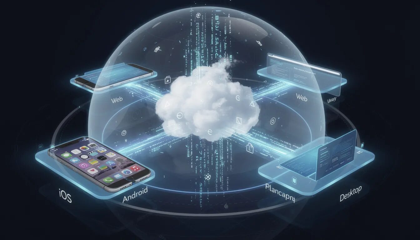 The image depicts a powerful cloud core at the center, radiating streams of secure code towards four distinct glowing platforms: iOS, Android, Web, and Desktop. Each platform showcases unique features while maintaining high operational efficiency, all under a unified shield of security, symbolizing a scalable and innovative approach to digital transformation for organizations.