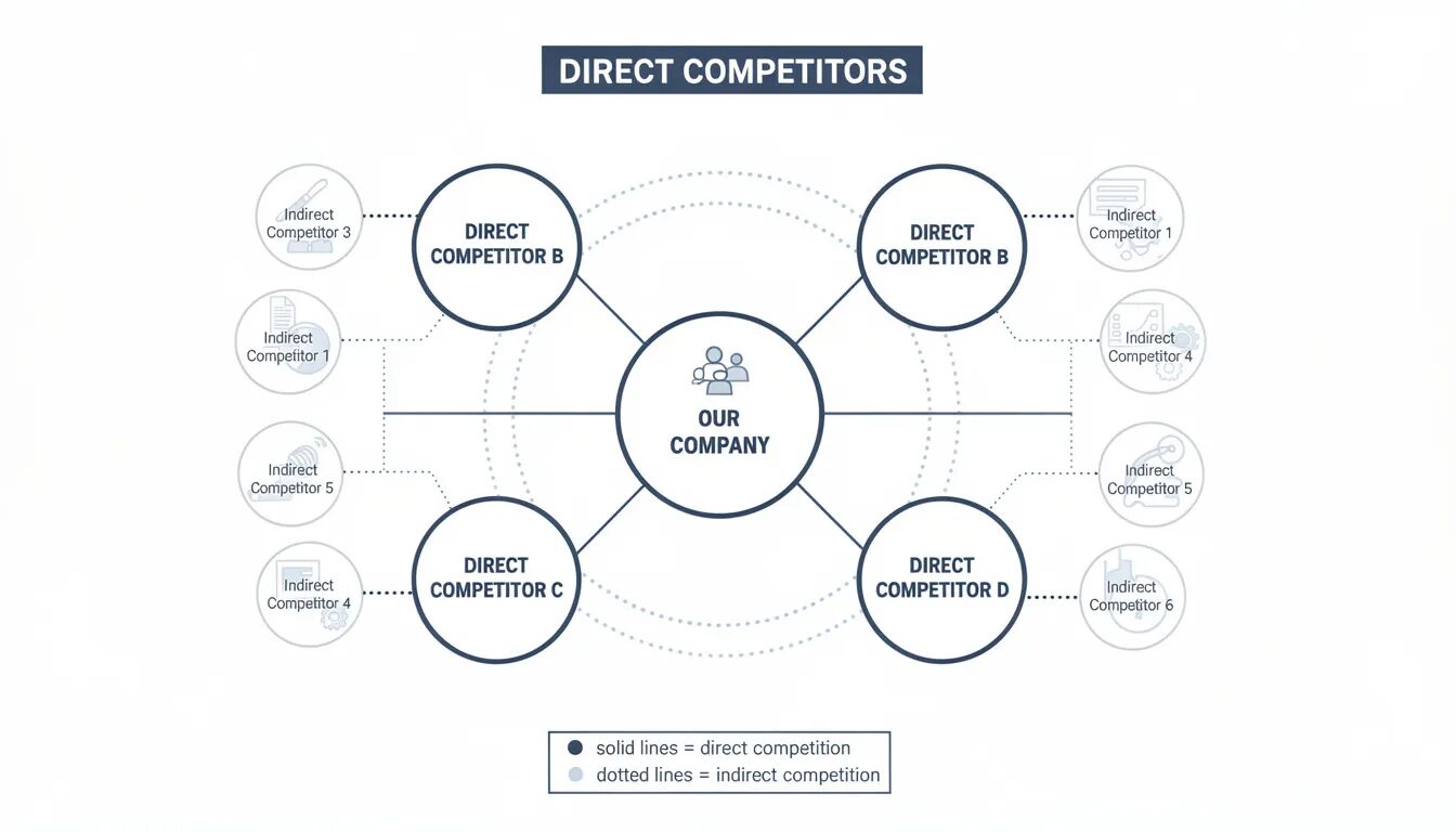 The image depicts a competitive analysis framework that illustrates the mapping of both direct and indirect competitors within a crowded market. It highlights key elements such as brand positioning and unique value propositions, essential for building a strong brand identity and staying relevant in competitive landscapes.