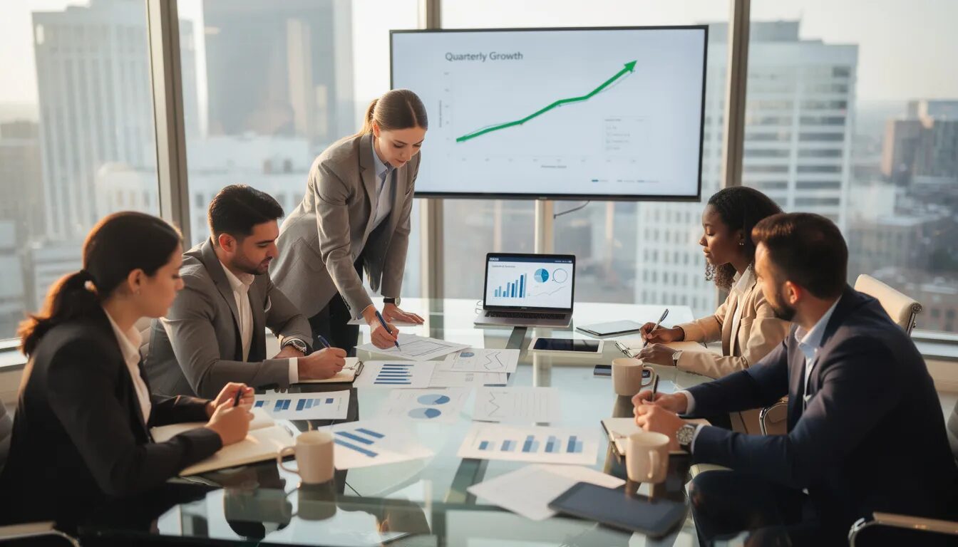 A diverse business team is gathered around a conference table, intently analyzing growth charts and discussing strategic partnerships to enhance business growth strategies for small to mid-sized companies. They are focused on identifying growth opportunities and improving customer engagement to drive sustainable growth.