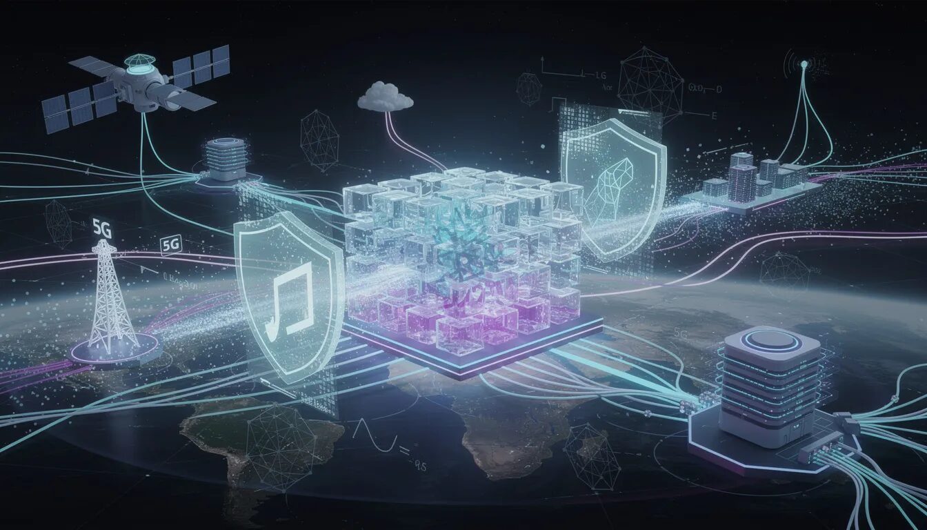 The image depicts a futuristic visualization of quantum computing, emphasizing its role in enhancing secure communications and post-quantum cryptography. It highlights the importance of safeguarding sensitive data through advanced security measures and communication tools in an evolving threat landscape.