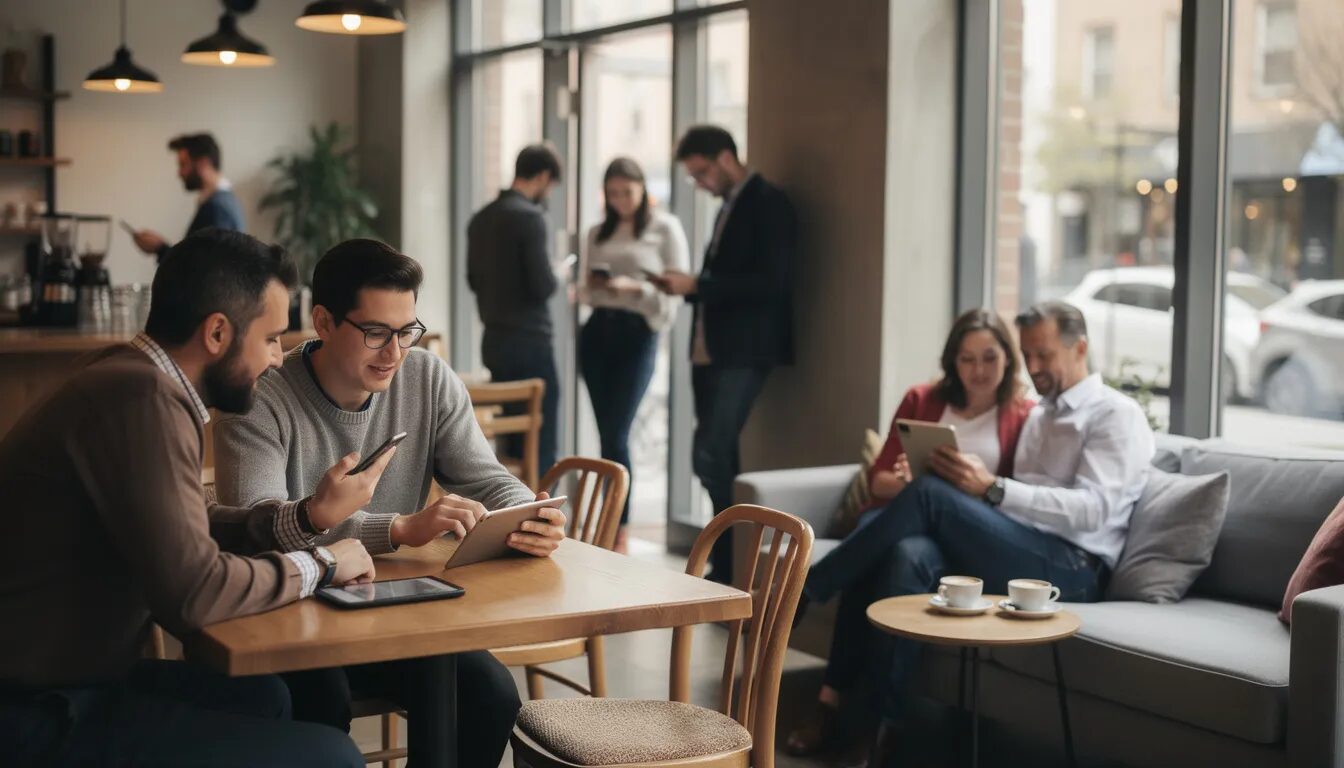 The image depicts a diverse group of people engaged with their smartphones and digital devices in various social settings, illustrating how technology shapes human connection through digital communication. These interactions highlight the balance between meaningful conversations and the potential distractions of the digital world, emphasizing the importance of personal connection and active listening in fostering relationships.