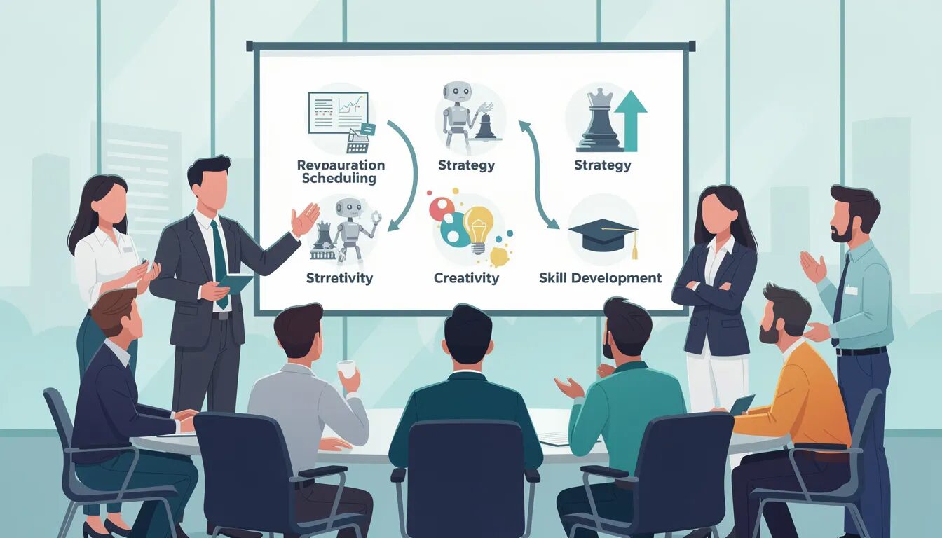 A team leader is engaging a diverse group of employees in a modern corporate setting, illustrating how automation technology can handle repetitive tasks and free up time for strategy, creativity, and skill development. The atmosphere is collaborative and forward-looking, emphasizing the benefits of automating business processes to improve operational efficiency and job satisfaction.