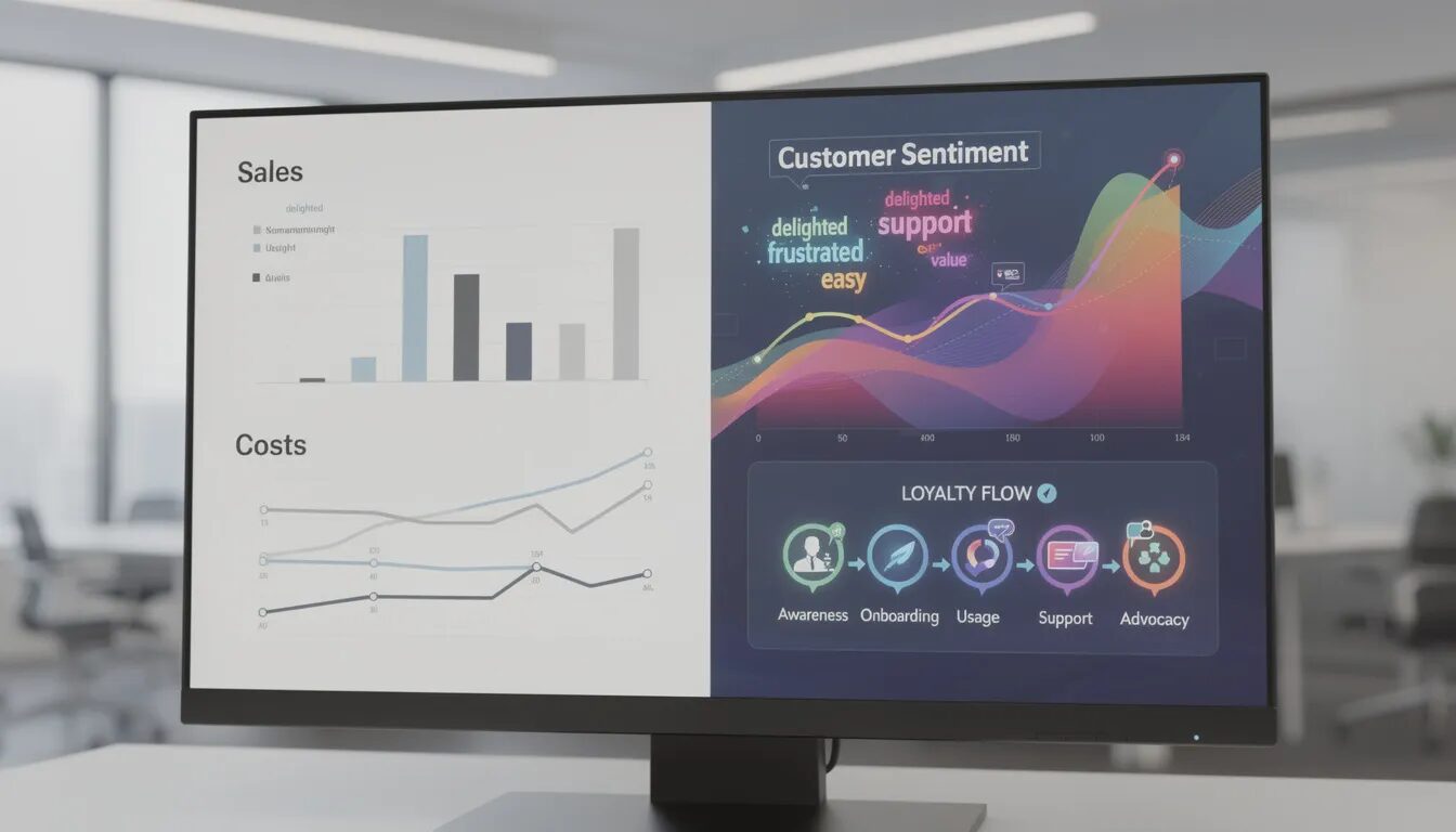 The image depicts a business dashboard that juxtaposes traditional sales and cost graphs with vibrant visualizations of customer sentiment, feedback word clouds, and a loyalty flow map. This combination illustrates the importance of customer experience in building strong relationships, enhancing customer satisfaction, and gaining a competitive advantage in today's market.