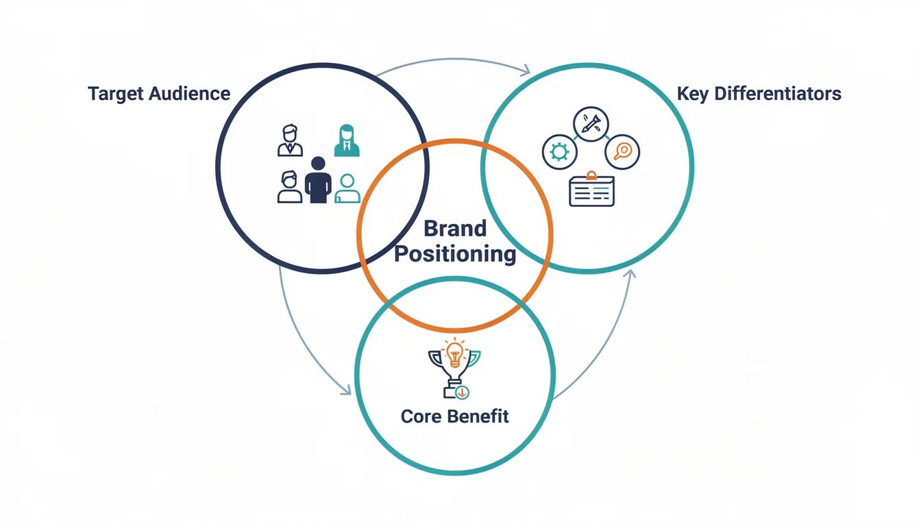 The image depicts a brand positioning strategy diagram that outlines the target audience, core benefit, and key differentiators of a brand, emphasizing the importance of a strong brand identity in a crowded market. It visually represents how effective brand positioning can enhance customer loyalty and build a recognizable brand that resonates with potential customers.
