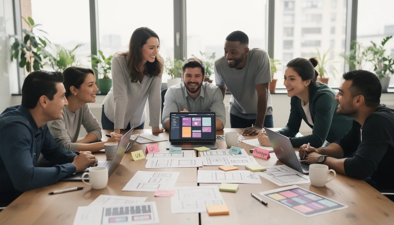 A diverse team of designers and developers collaborates around a table, surrounded by laptops and design sketches, emphasizing the importance of ethical design principles in their creative process. Their interaction reflects a commitment to user-centered solutions and the consideration of diverse perspectives in today's digital landscape.