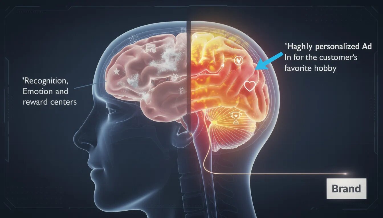 The image depicts a brain with two distinct inputs: one showing a plain ad that activates minimal areas, and the other displaying personalized content related to a favorite hobby, which lights up multiple regions associated with recognition, emotion, and reward. This contrast illustrates how effective personalization strategies can enhance customer satisfaction and loyalty, leading to stronger connections with the brand and improved customer retention rates.