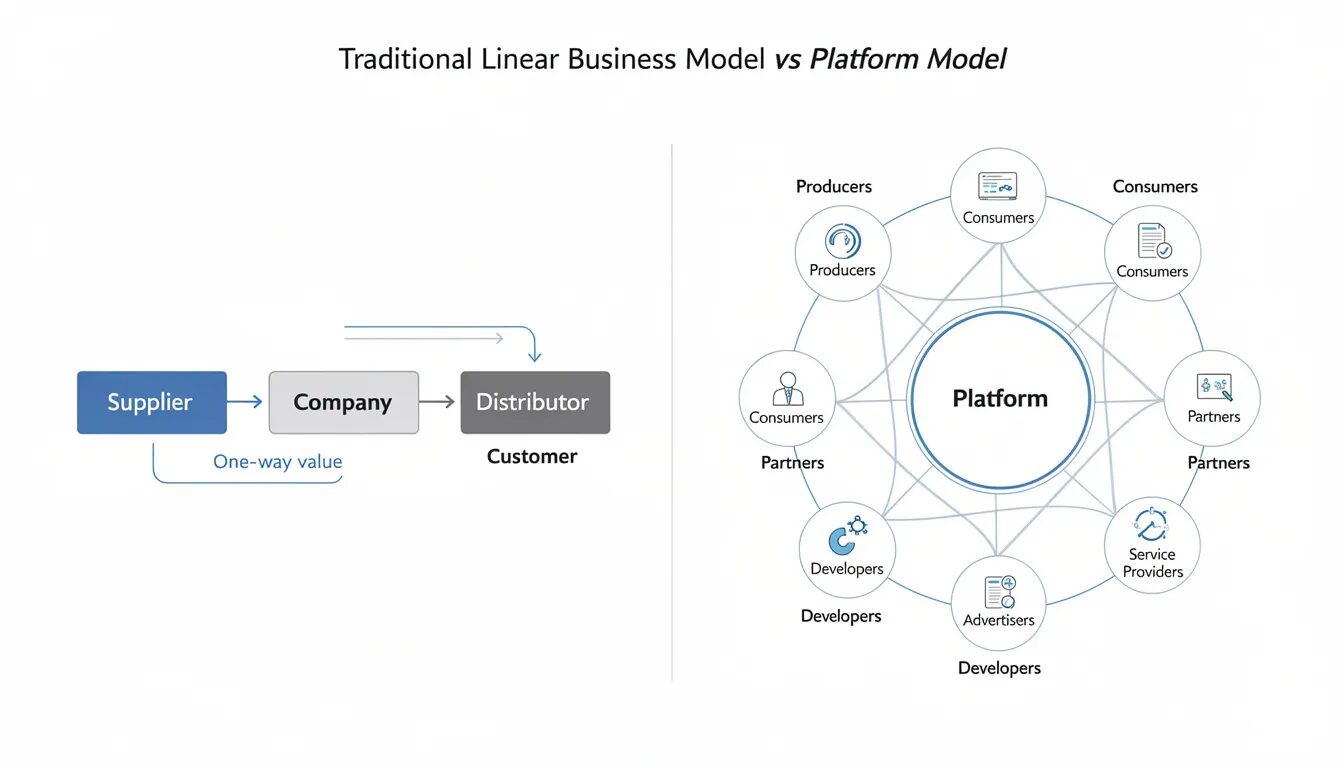 The image depicts a diagram contrasting the traditional linear business model with a platform business model, highlighting the interconnected relationships among various parties such as platform owners, external partners, and customers. This visual representation illustrates how platform-based business models can engage customers more effectively and drive growth through strategic partnerships and emerging technologies.