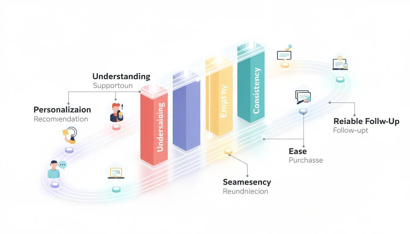 The image depicts five interlocking pillars labeled Understanding, Personalization, Ease, Consistency, and Empathy, which support a thriving business. A glowing map of the customer journey intertwines around these pillars, illustrating how they collectively enhance customer experience and satisfaction through positive interactions, ultimately providing a competitive advantage.