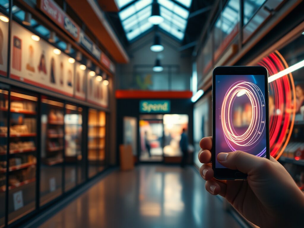 A split screen: the left side shows a slow, step-by-step customer journey. The right side shows a fast, glowing digital loop on a phone. A traditional shop in the middle must quickly change to match the digital loop.