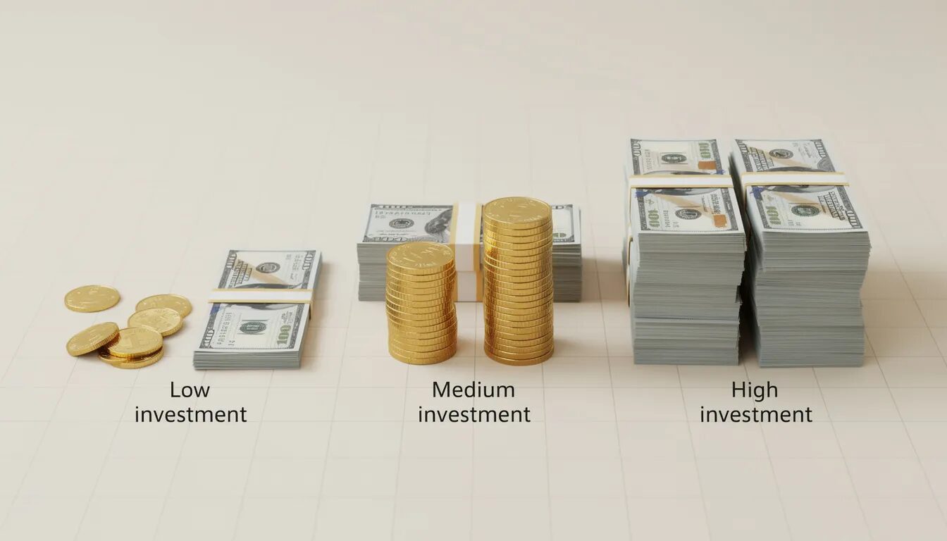 The image shows stacks of coins and dollar bills arranged in varying heights, symbolizing different levels of investment. This visual representation highlights the contrast between organic search results and paid ads, emphasizing the importance of a balanced marketing strategy for achieving business goals in 2025.