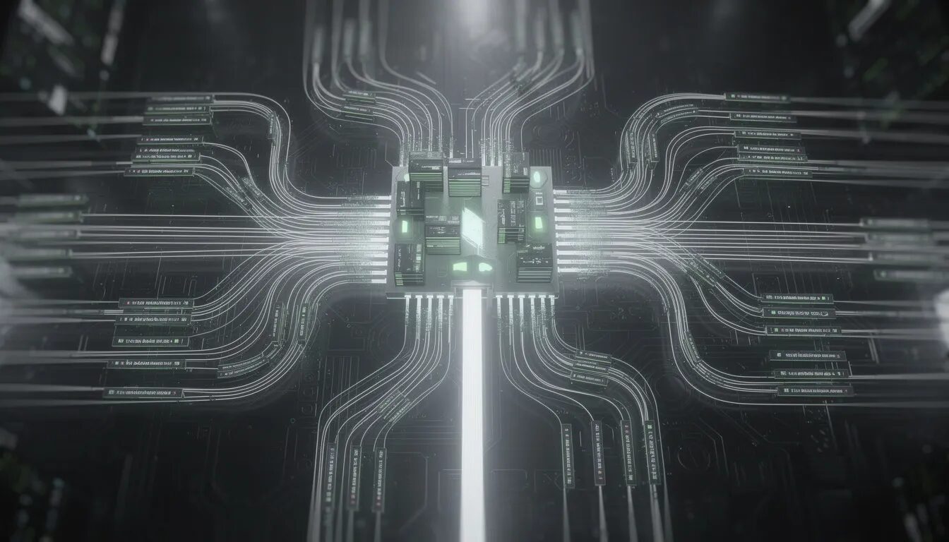 The image depicts a powerful, event-driven Node.js server represented as a central hub, surrounded by countless streams of light symbolizing thousands of concurrent application requests during a high-traffic 'enrollment' event. This visualization emphasizes operational efficiency and the ability to maintain low latency and stability, showcasing how businesses can leverage new technology to thrive in the digital marketing landscape.