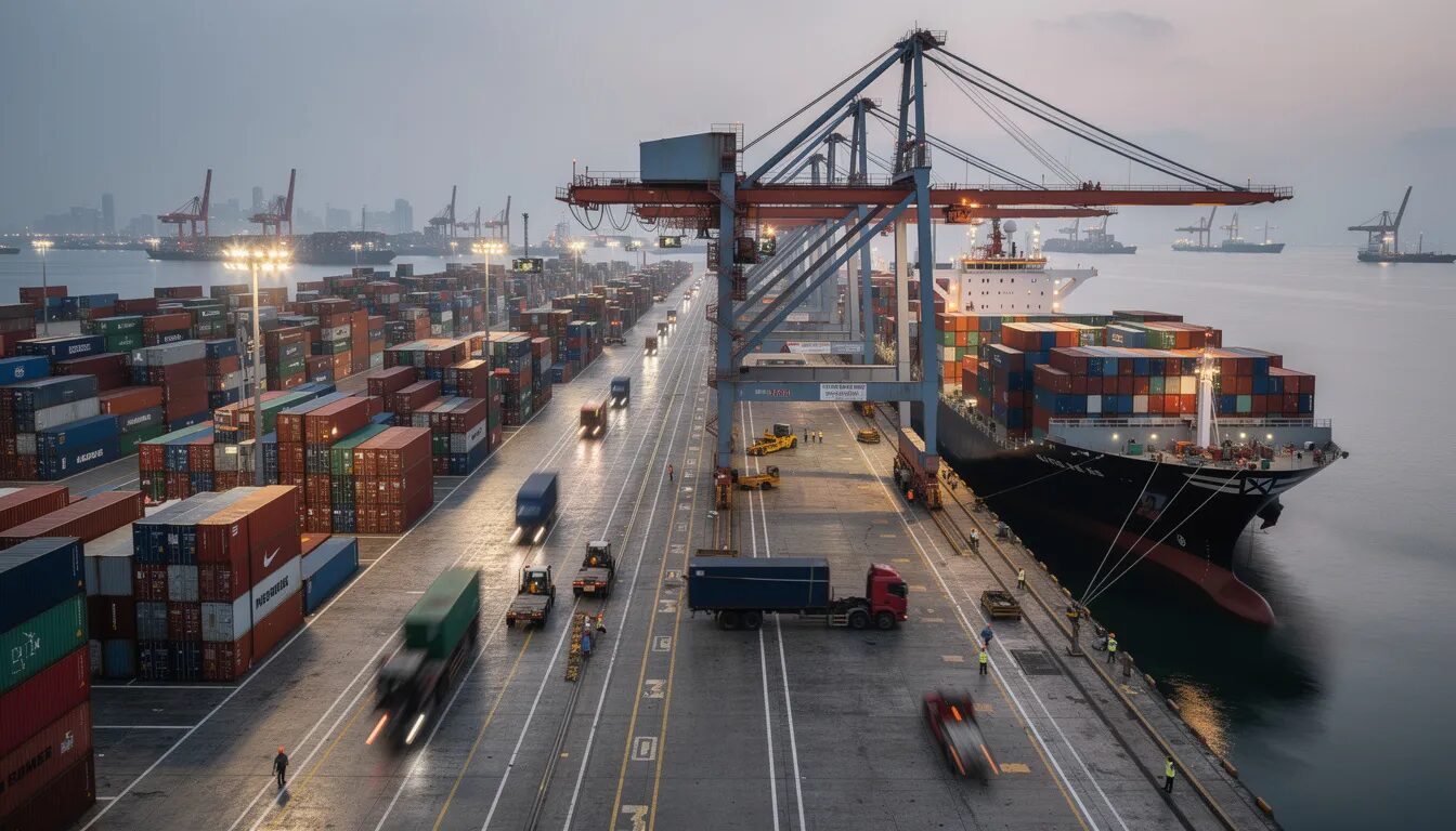 The image depicts a bustling port filled with numerous shipping containers, where cargo operations are actively taking place, showcasing the dynamic business environment and the importance of streamlined operations to meet market demands. This scene highlights the necessity for businesses to adopt strategies that ensure financial resilience and future growth amidst economic uncertainties.